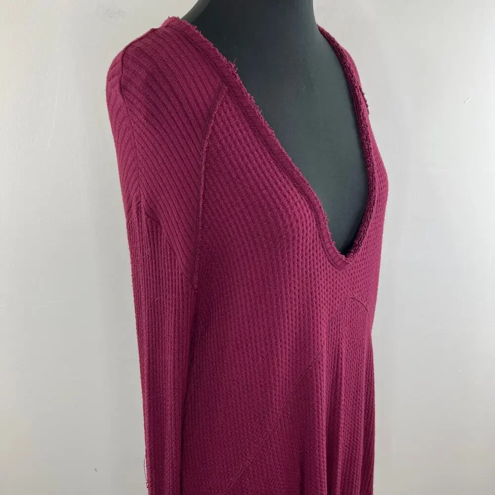 Free People Burgundy Purple Waffle Knit Plunge Neck Asymmetric Thermal Top S